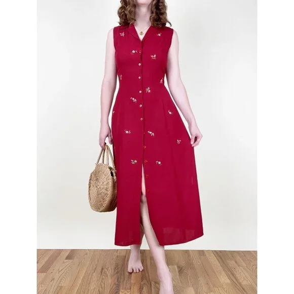 Vintage Linen Embroidered Midi Maxi Dress Cottagecore Floral Summer Sun 90s Y2K - Picture 7 of 7